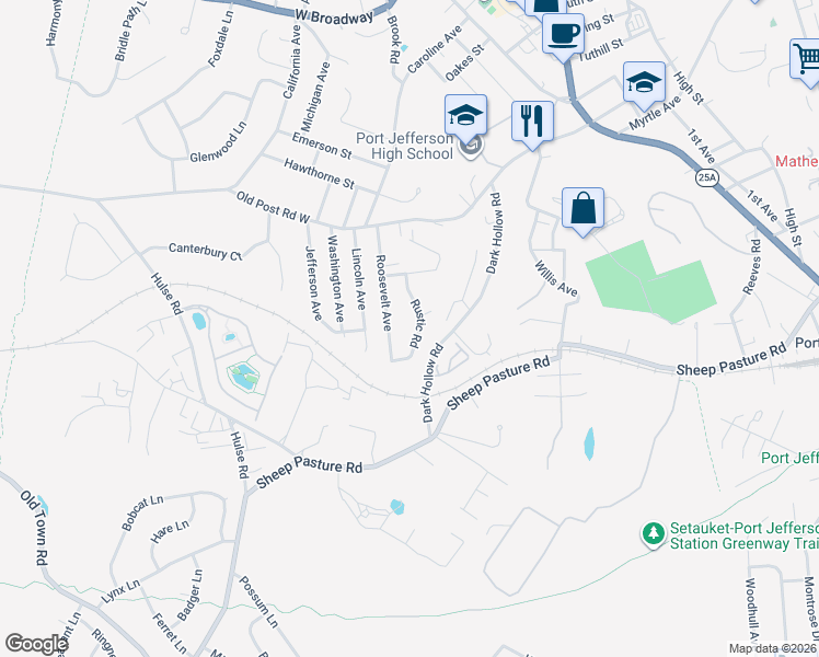 map of restaurants, bars, coffee shops, grocery stores, and more near 109 Rustic Road in Port Jefferson