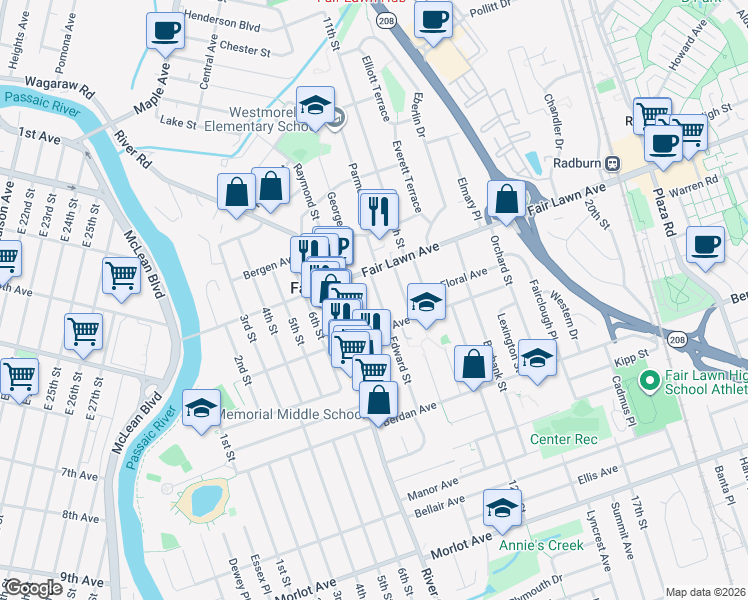 map of restaurants, bars, coffee shops, grocery stores, and more near 13-26 Edward Street in Fair Lawn