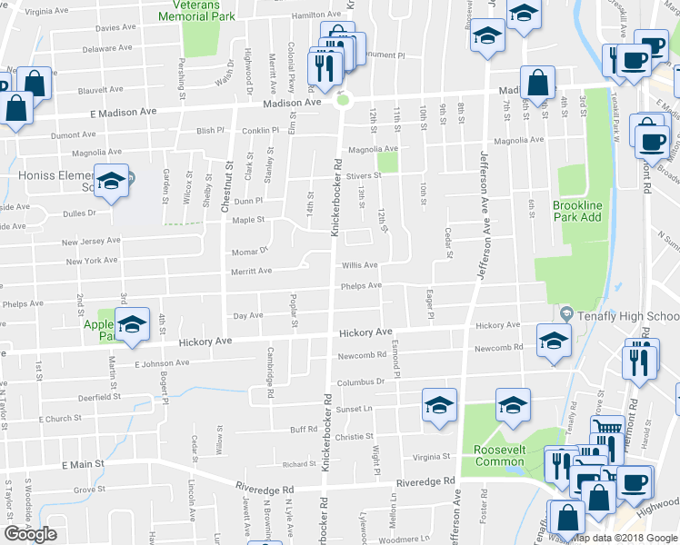 map of restaurants, bars, coffee shops, grocery stores, and more near 28 Knickerbocker Road in Cresskill