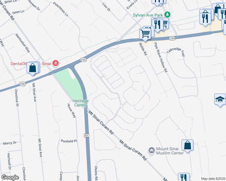 map of restaurants, bars, coffee shops, grocery stores, and more near 145 Constantine Way in Mount Sinai