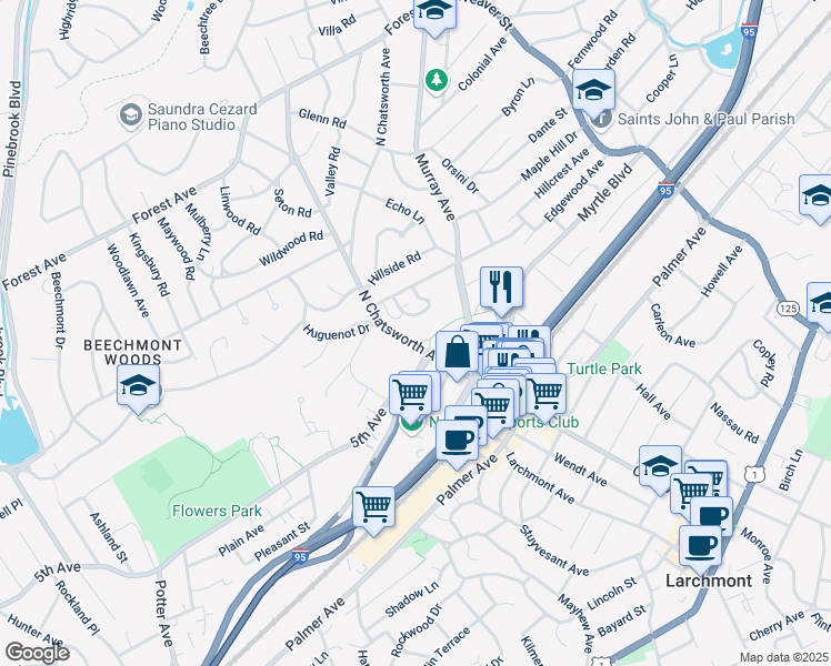 map of restaurants, bars, coffee shops, grocery stores, and more near 40 North Chatsworth Avenue in Larchmont