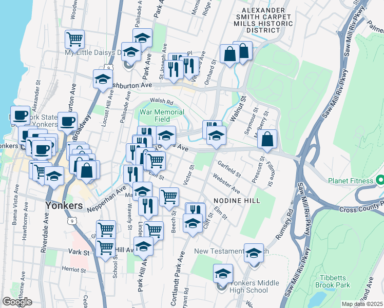 map of restaurants, bars, coffee shops, grocery stores, and more near 60 Yonkers Avenue in Yonkers