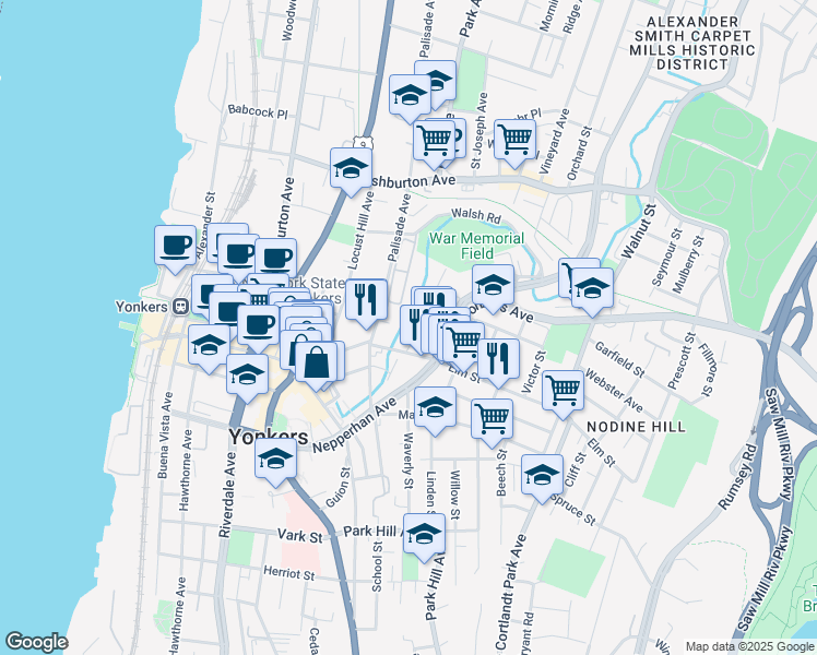 map of restaurants, bars, coffee shops, grocery stores, and more near 8 Saint Casimir Avenue in Yonkers