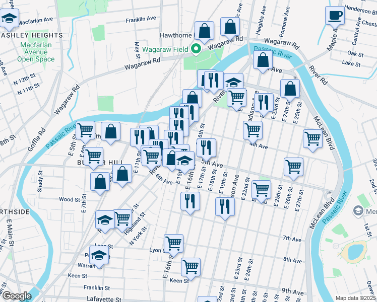 map of restaurants, bars, coffee shops, grocery stores, and more near 78 East 16th Street in Paterson