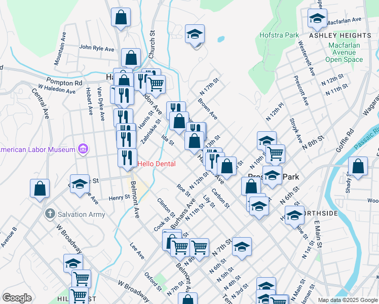map of restaurants, bars, coffee shops, grocery stores, and more near 71 North 14th Street in Haledon