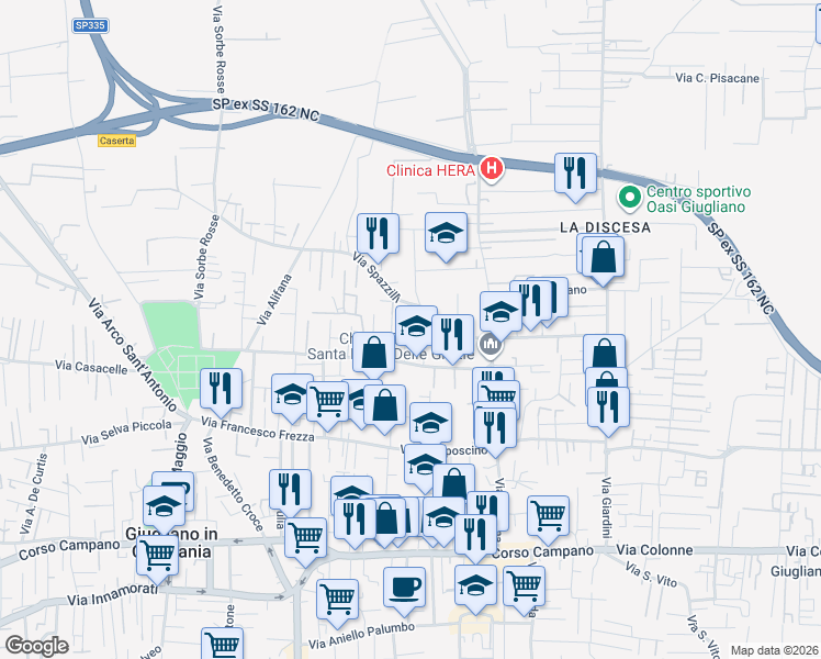 map of restaurants, bars, coffee shops, grocery stores, and more near 23H Via Spazzilli in Giugliano in Campania