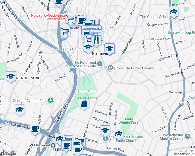 map of restaurants, bars, coffee shops, grocery stores, and more near 6 Alden Place in Bronxville