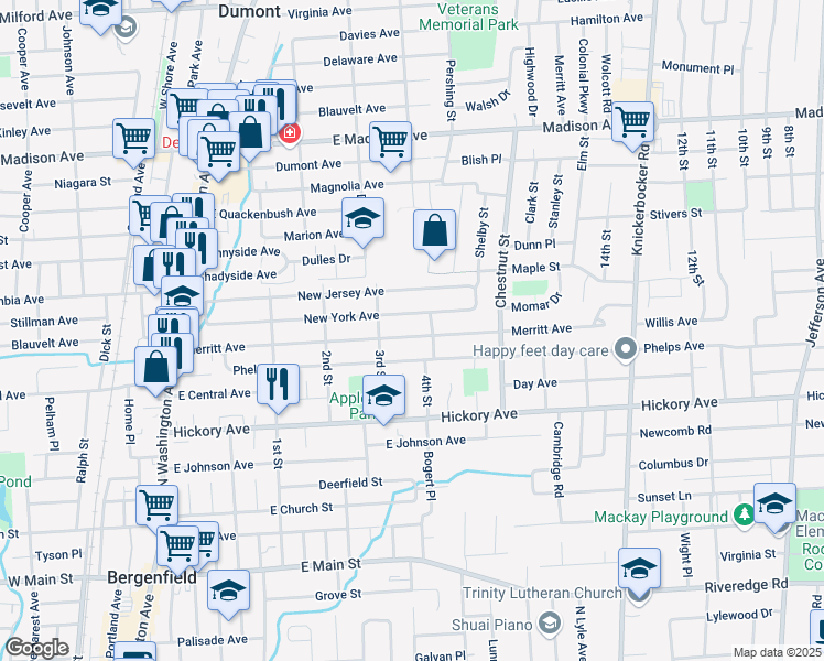 map of restaurants, bars, coffee shops, grocery stores, and more near 201 Merritt Avenue in Bergenfield