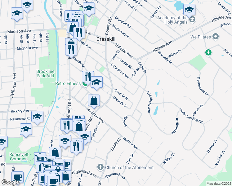 map of restaurants, bars, coffee shops, grocery stores, and more near 12 Crest Drive South in Cresskill