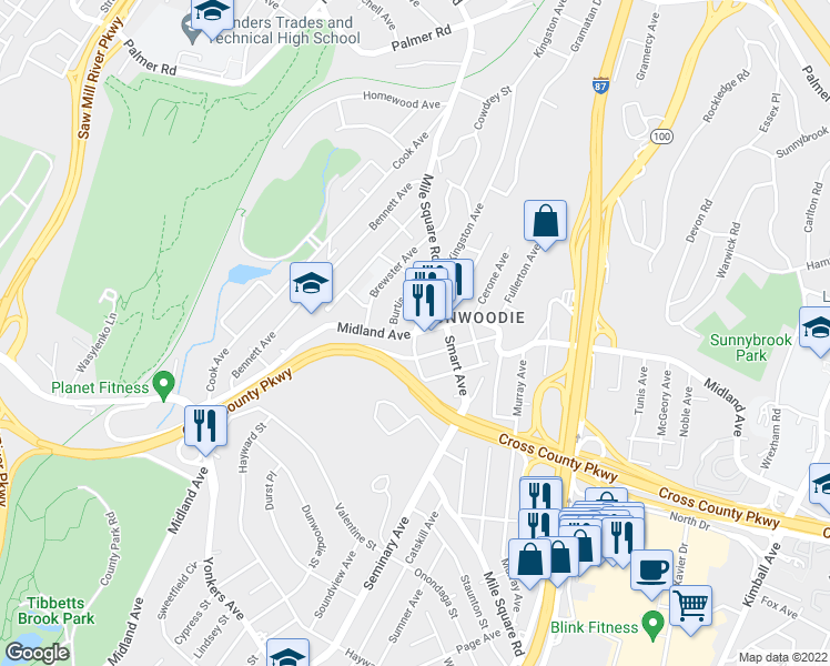 map of restaurants, bars, coffee shops, grocery stores, and more near Midland Ave & Mile Square Rd in Yonkers