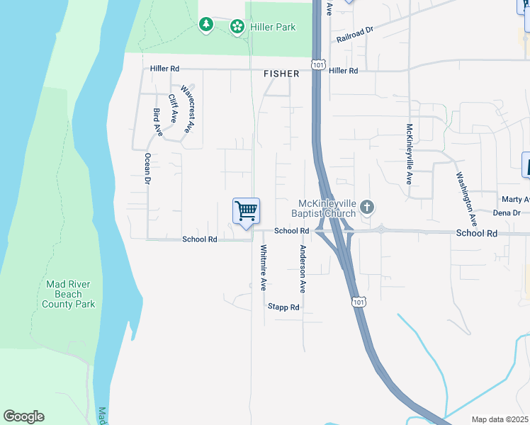 map of restaurants, bars, coffee shops, grocery stores, and more near 1645 Fischer Avenue in McKinleyville