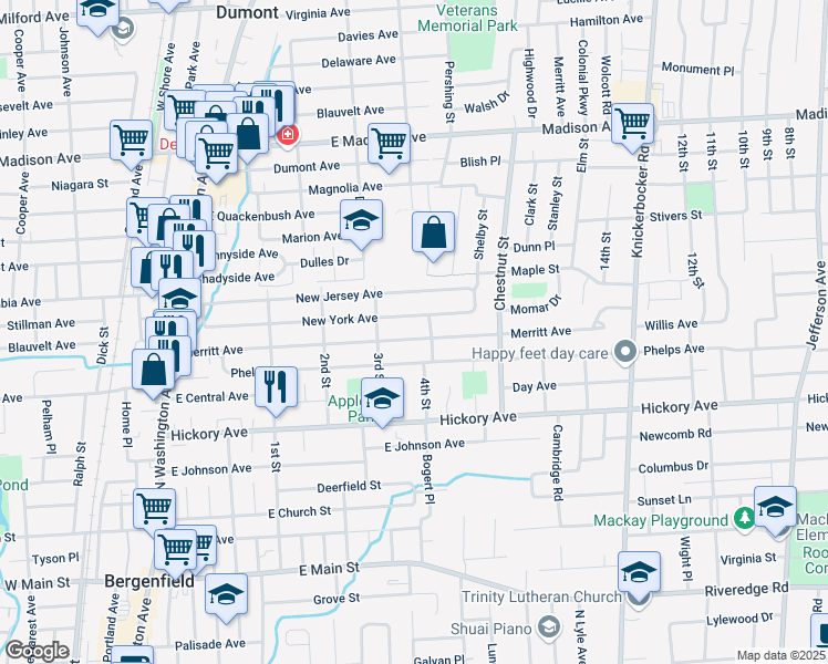 map of restaurants, bars, coffee shops, grocery stores, and more near 201 Merritt Avenue in Bergenfield