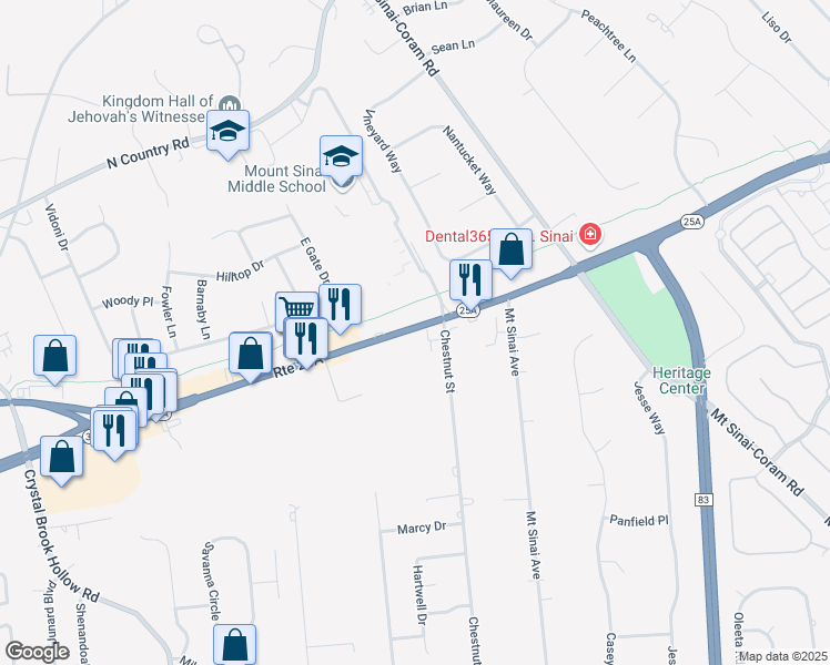 map of restaurants, bars, coffee shops, grocery stores, and more near 466 Route 25A in Mount Sinai