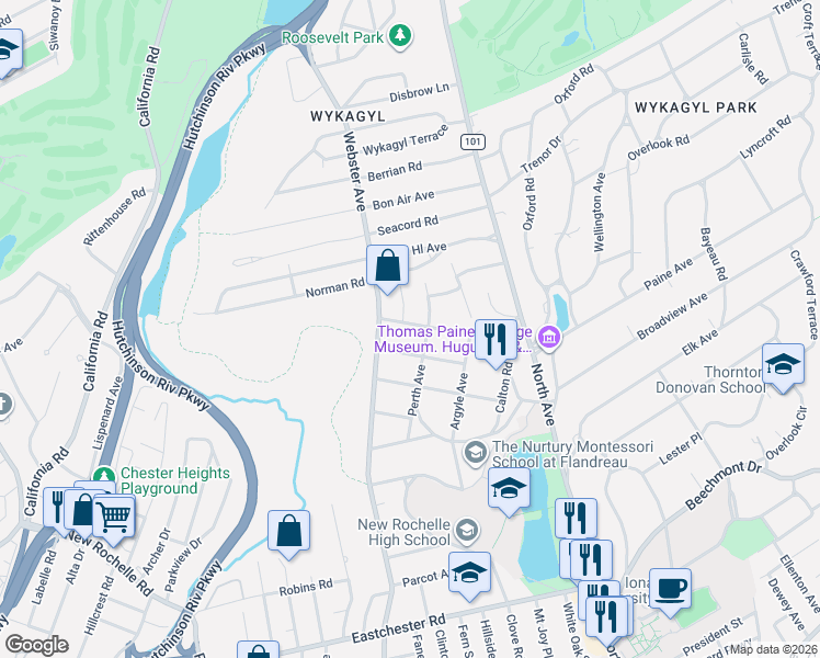 map of restaurants, bars, coffee shops, grocery stores, and more near 15 Aberfoyle Road in New Rochelle