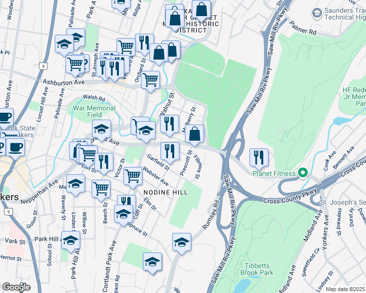 map of restaurants, bars, coffee shops, grocery stores, and more near 21 Van Buren Street in Yonkers