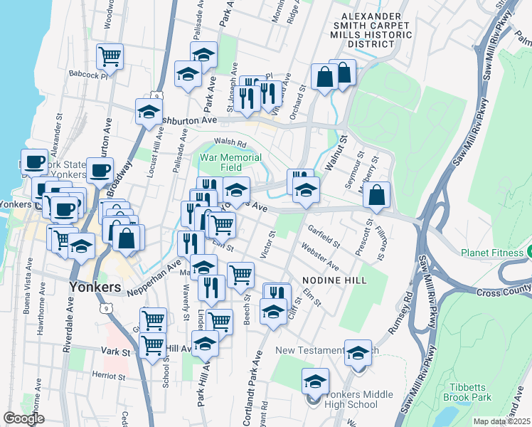 map of restaurants, bars, coffee shops, grocery stores, and more near 60 Yonkers Avenue in Yonkers