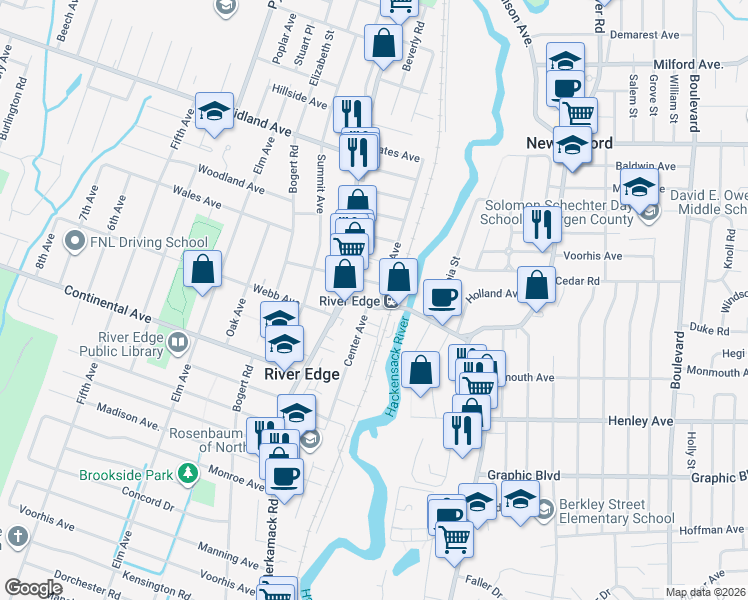 map of restaurants, bars, coffee shops, grocery stores, and more near in River Edge