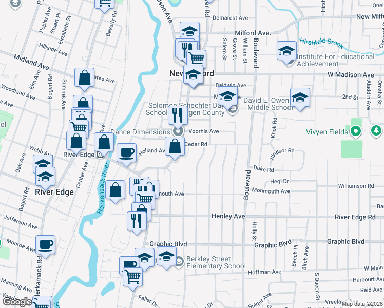 map of restaurants, bars, coffee shops, grocery stores, and more near 547 Berkley Street in New Milford