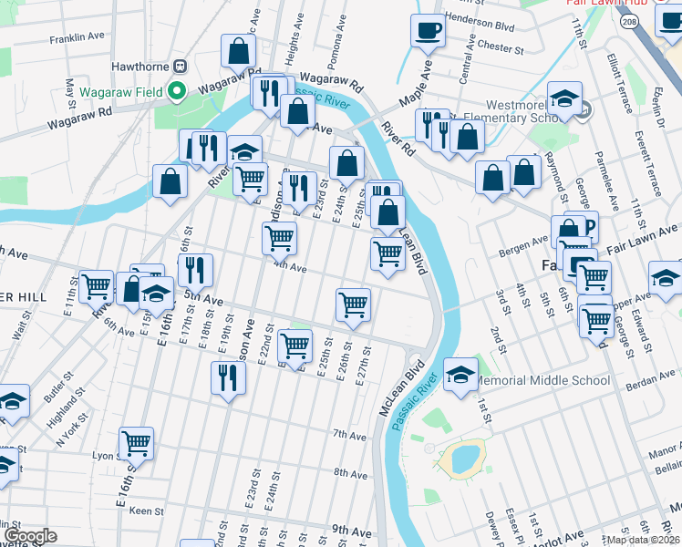 map of restaurants, bars, coffee shops, grocery stores, and more near 130 East 25th Street in Paterson