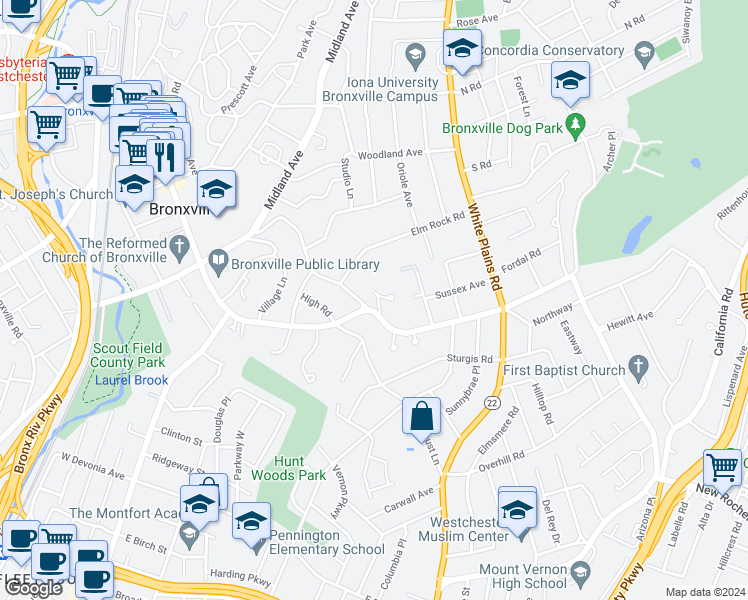 map of restaurants, bars, coffee shops, grocery stores, and more near 279 Pondfield Road in Bronxville