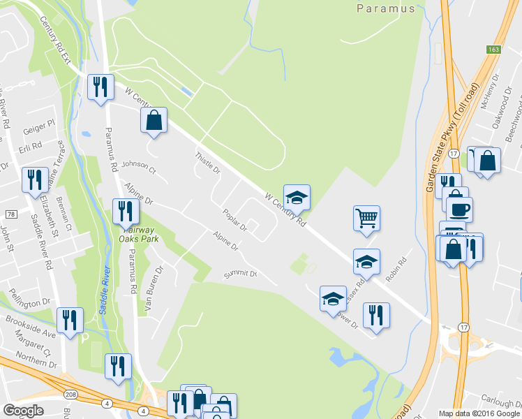 map of restaurants, bars, coffee shops, grocery stores, and more near 29 Mulberry Court in Paramus