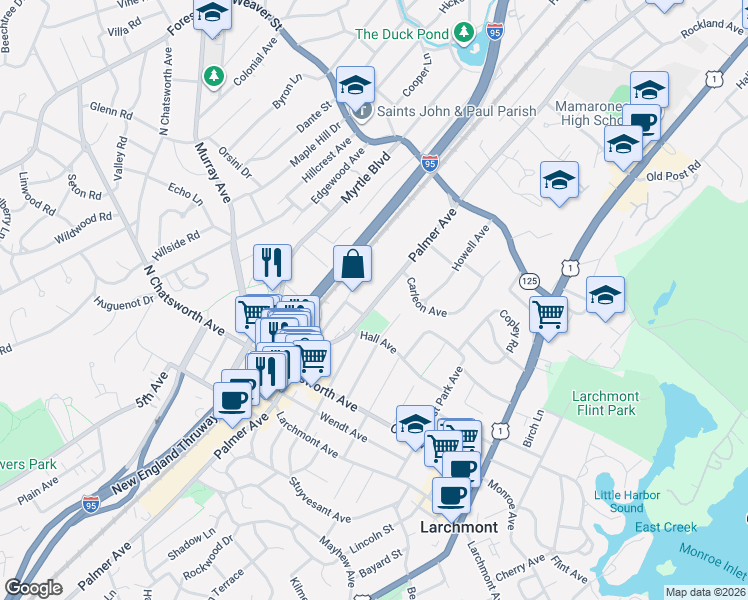 map of restaurants, bars, coffee shops, grocery stores, and more near 1806 Palmer Avenue in Larchmont