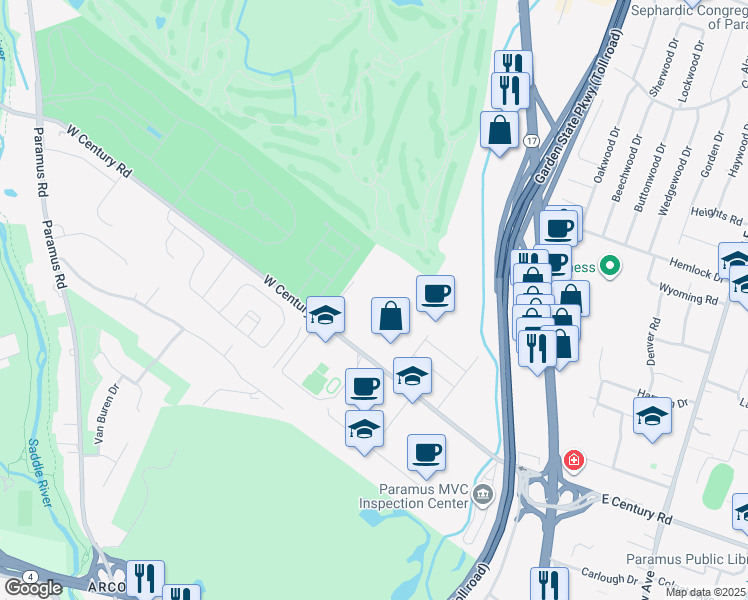 map of restaurants, bars, coffee shops, grocery stores, and more near 115 West Century Road in Paramus