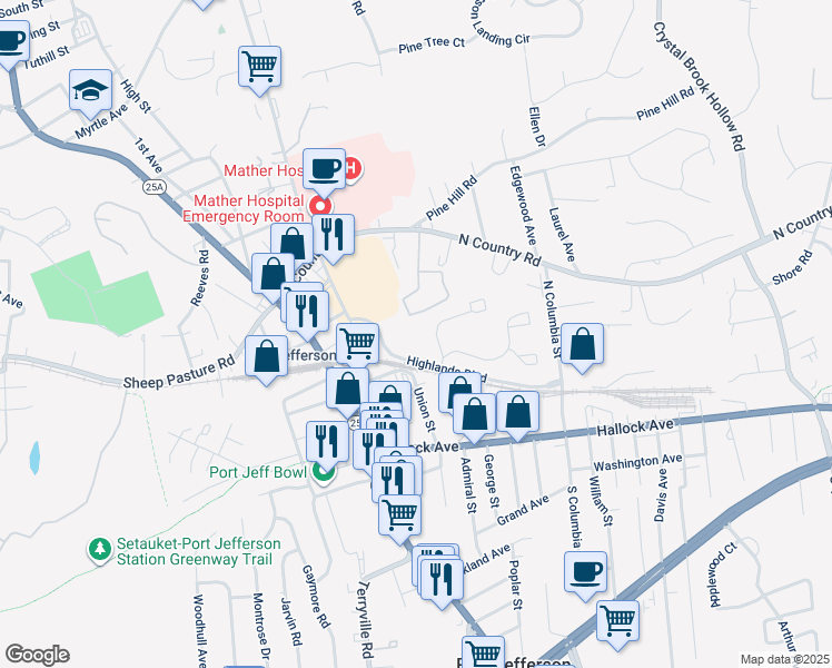 map of restaurants, bars, coffee shops, grocery stores, and more near 16 Leeward Court in Port Jefferson