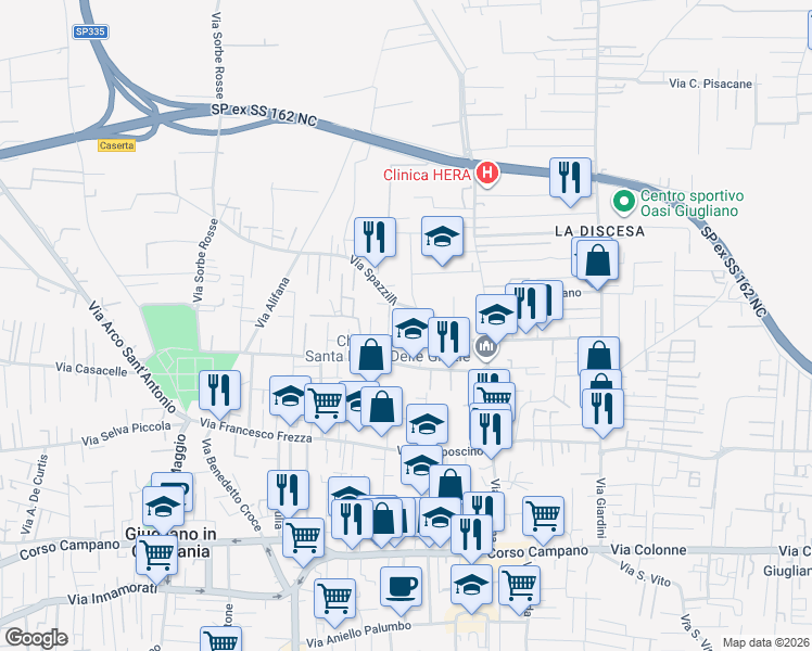 map of restaurants, bars, coffee shops, grocery stores, and more near 23H Via Spazzilli in Giugliano in Campania