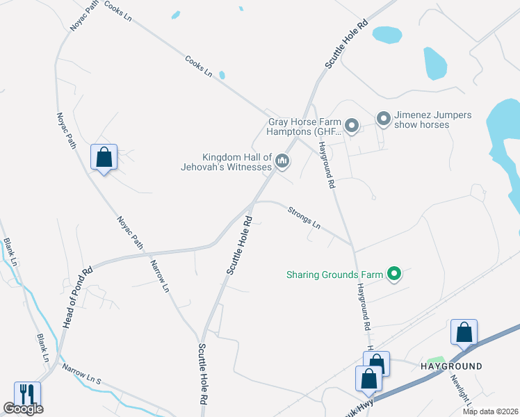 map of restaurants, bars, coffee shops, grocery stores, and more near 159 Strongs Lane in Water Mill