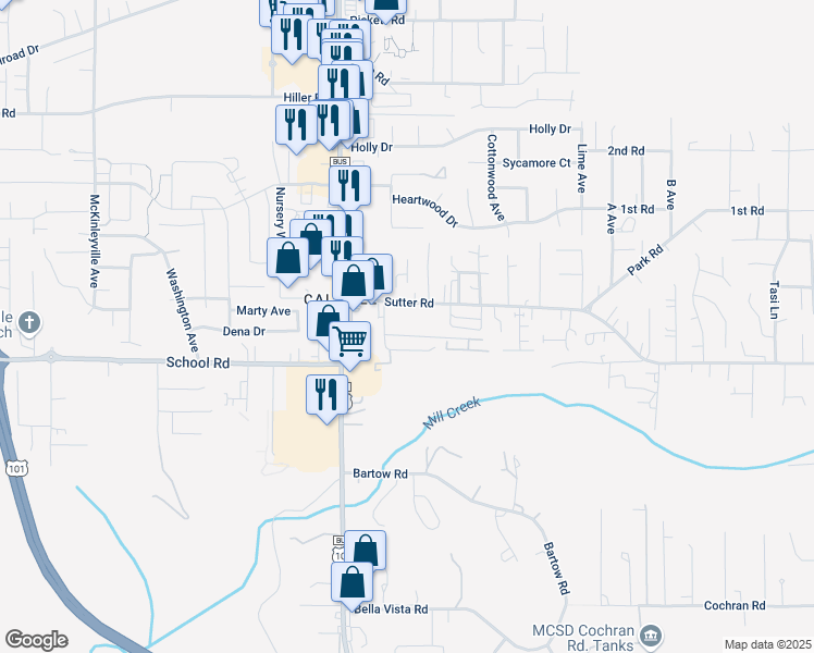 map of restaurants, bars, coffee shops, grocery stores, and more near 1701 Hideaway Court in McKinleyville