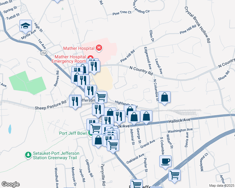 map of restaurants, bars, coffee shops, grocery stores, and more near 16 Leeward Court in Port Jefferson
