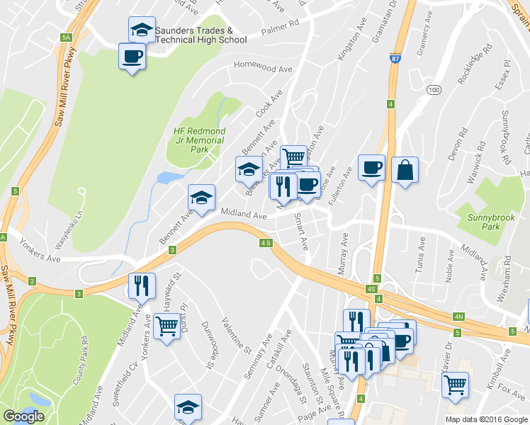 map of restaurants, bars, coffee shops, grocery stores, and more near 837C Midland Avenue in Yonkers