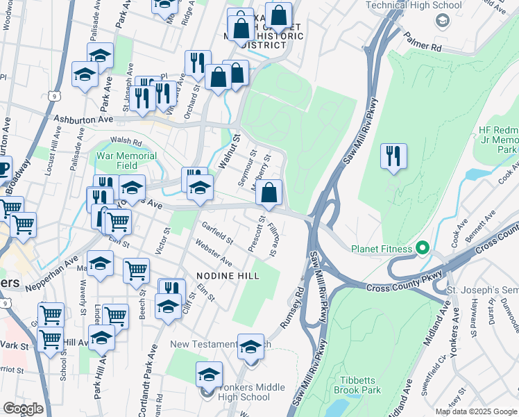 map of restaurants, bars, coffee shops, grocery stores, and more near 21 Van Buren Street in Yonkers