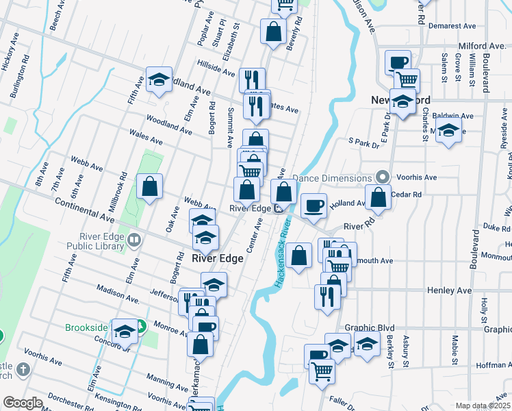 map of restaurants, bars, coffee shops, grocery stores, and more near 47 River Edge Road in River Edge
