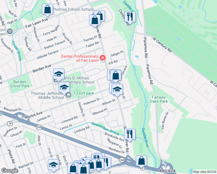 map of restaurants, bars, coffee shops, grocery stores, and more near 39-13 Morlot Avenue in Fair Lawn