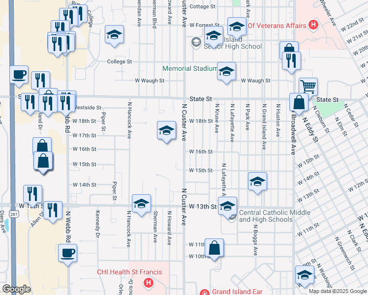 map of restaurants, bars, coffee shops, grocery stores, and more near 1600 North Custer Avenue in Grand Island