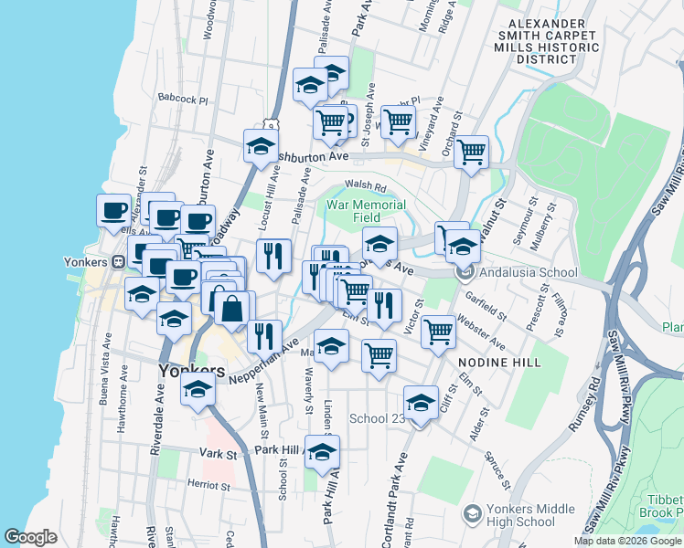 map of restaurants, bars, coffee shops, grocery stores, and more near 231 Nepperhan Avenue in Yonkers