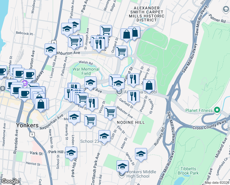 map of restaurants, bars, coffee shops, grocery stores, and more near 90 Yonkers Avenue in Yonkers