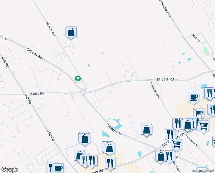 map of restaurants, bars, coffee shops, grocery stores, and more near 1039 Middle Road in Riverhead