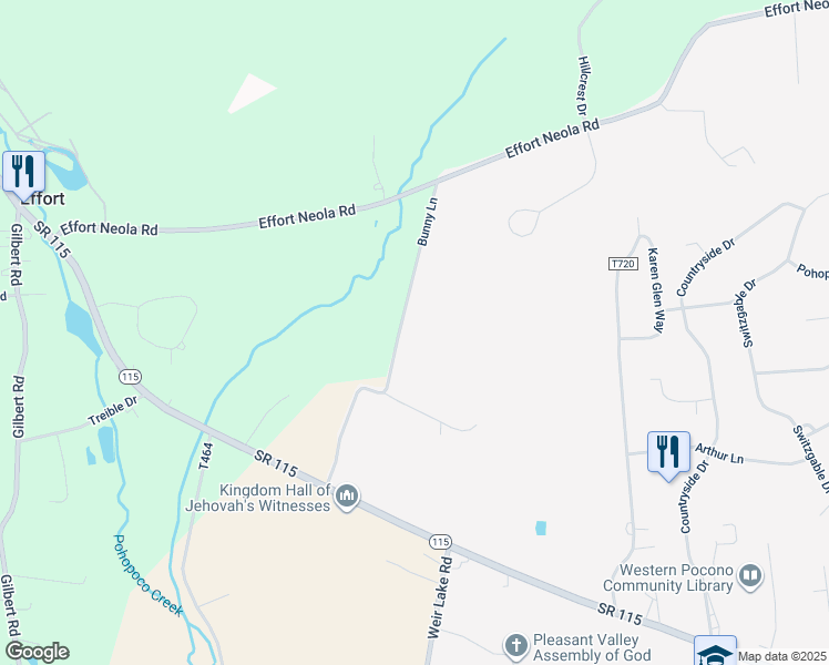 map of restaurants, bars, coffee shops, grocery stores, and more near 1280 Bunny Lane in Brodheadsville