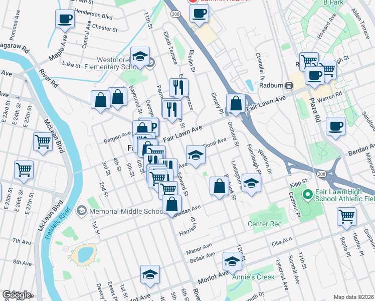 map of restaurants, bars, coffee shops, grocery stores, and more near 13-09 Arnold Street in Fair Lawn