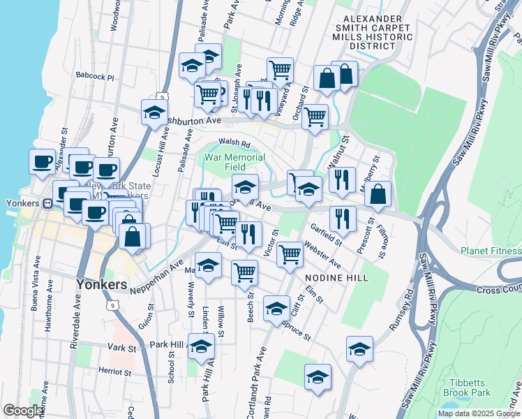 map of restaurants, bars, coffee shops, grocery stores, and more near 48 Yonkers Avenue in Yonkers