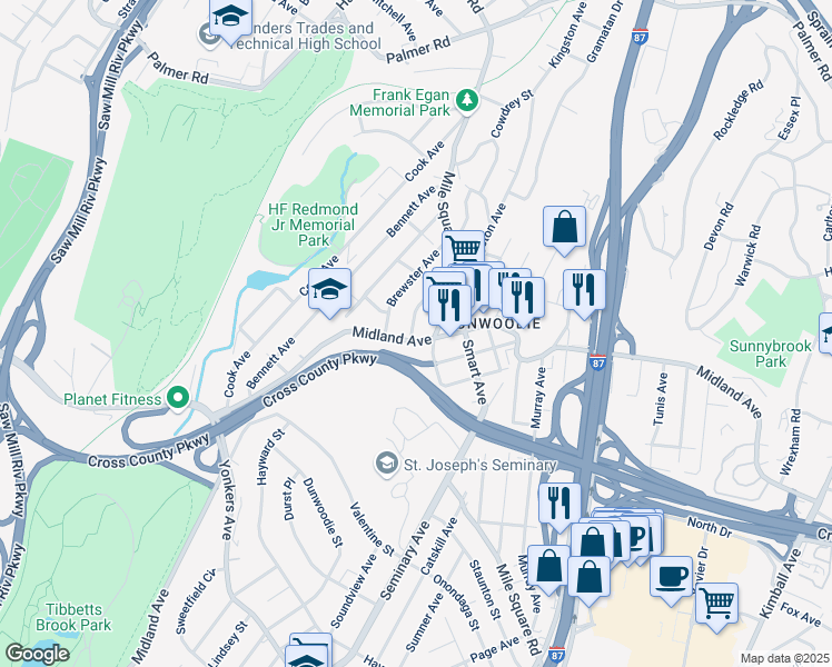 map of restaurants, bars, coffee shops, grocery stores, and more near 837C Midland Avenue in Yonkers