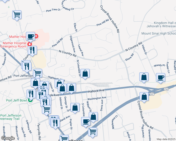 map of restaurants, bars, coffee shops, grocery stores, and more near 24 Jamaica Avenue in Port Jefferson