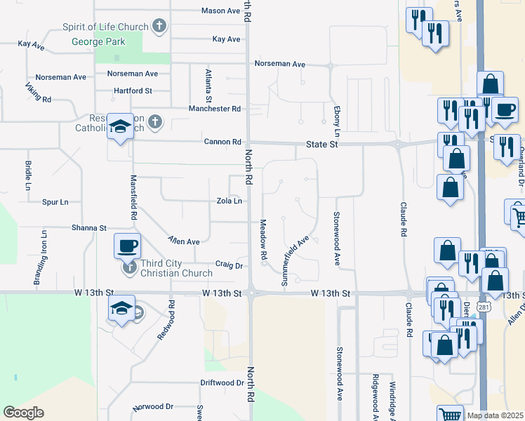 map of restaurants, bars, coffee shops, grocery stores, and more near Meadow Road in Grand Island