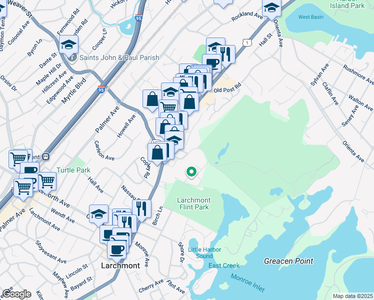 map of restaurants, bars, coffee shops, grocery stores, and more near 7 Hommocks Road in Larchmont