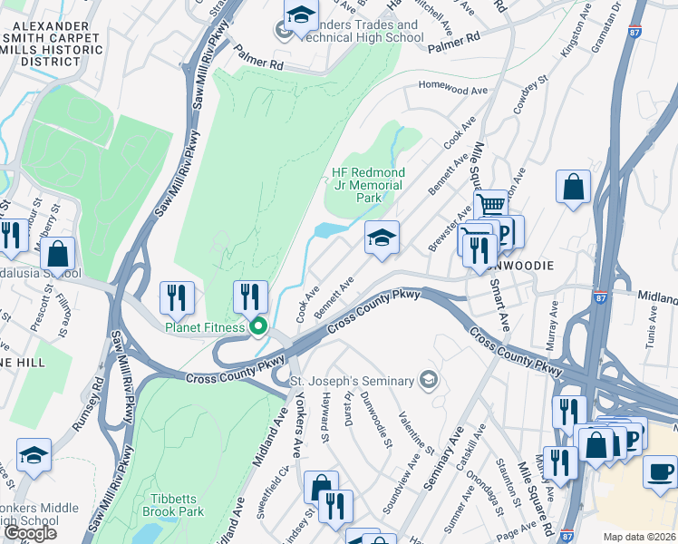map of restaurants, bars, coffee shops, grocery stores, and more near 54 Cook Avenue in Yonkers