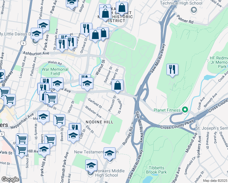 map of restaurants, bars, coffee shops, grocery stores, and more near 21 Van Buren Street in Yonkers