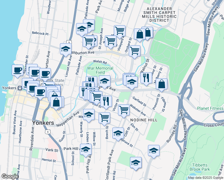 map of restaurants, bars, coffee shops, grocery stores, and more near 60 Yonkers Avenue in Yonkers